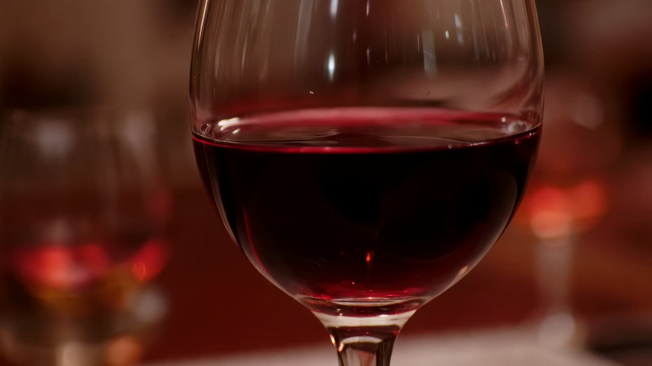 Bicchiere da vino con stelo che mostra vino rosso in movimento su un tavolo da pranzo mentre luci calde si spostano, rilassante