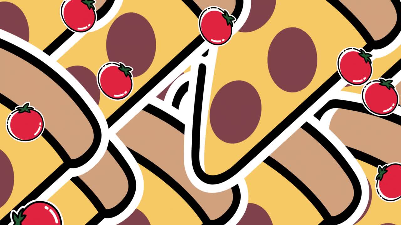 Animazione di icone di pomodoro e pizza su sfondo grigio