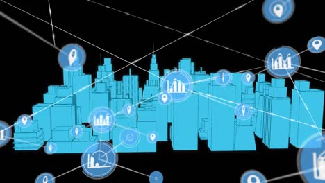 Animation-of-network-of-connections-with-icons-over-3d-architectural-drawing-of-city-in-background