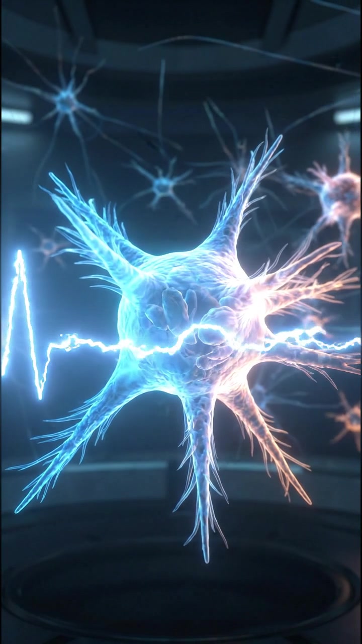 Microscopic neuron cell sample in biotech capsule hologram
