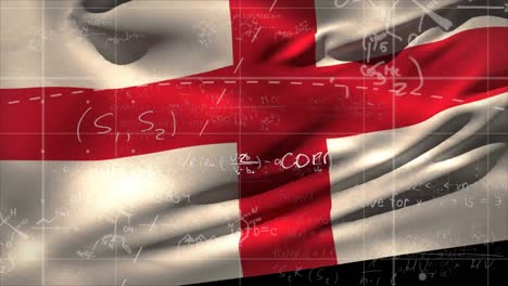 animation of mathematical equations and drawing over waving english flag