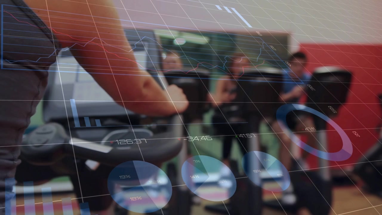 Camera panning, HUD appearing while female rider gripping bars and pedaling, tracking fitness data