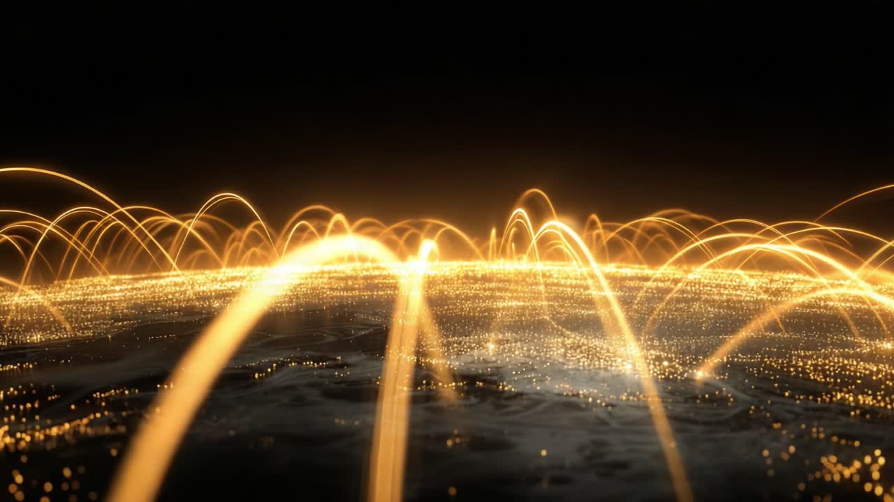 Dynamic Interconnectedness: A Stunning Visualization of Global Connectivity with Radiant Energy Surging Across the Horizon and Illuminating the Night Sky