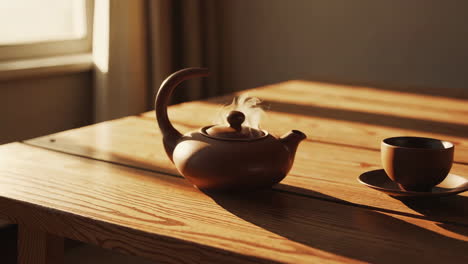 steaming teapot on a wooden table