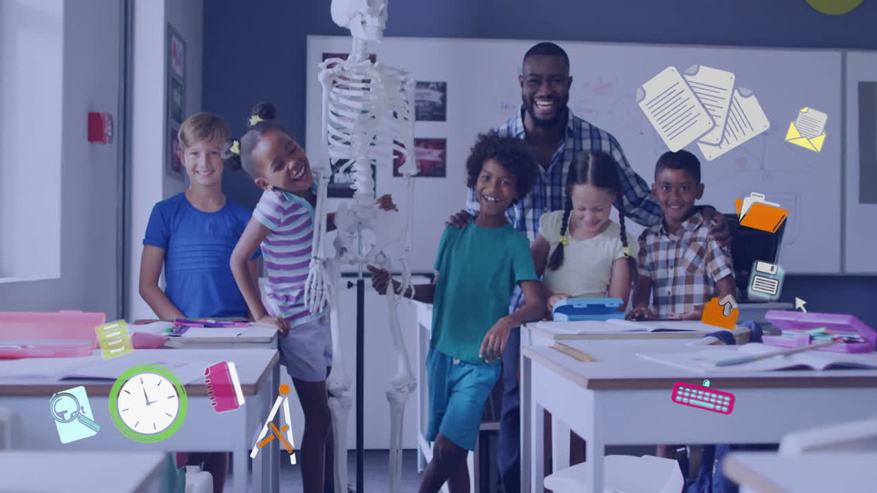 In school, animation of educational icons overlaying diverse children and teacher smiling