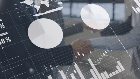animation of statistics and data processing over businessman handshake