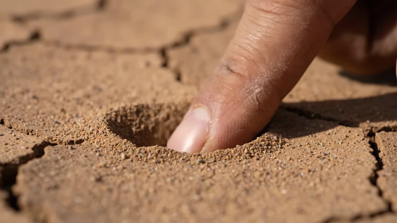Mänskligt finger trycker mot torr, sprucken jord