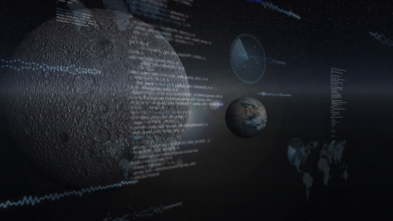 Camera orbiting grey sphere initiating waves and code streams emerging around Earth globe scanning