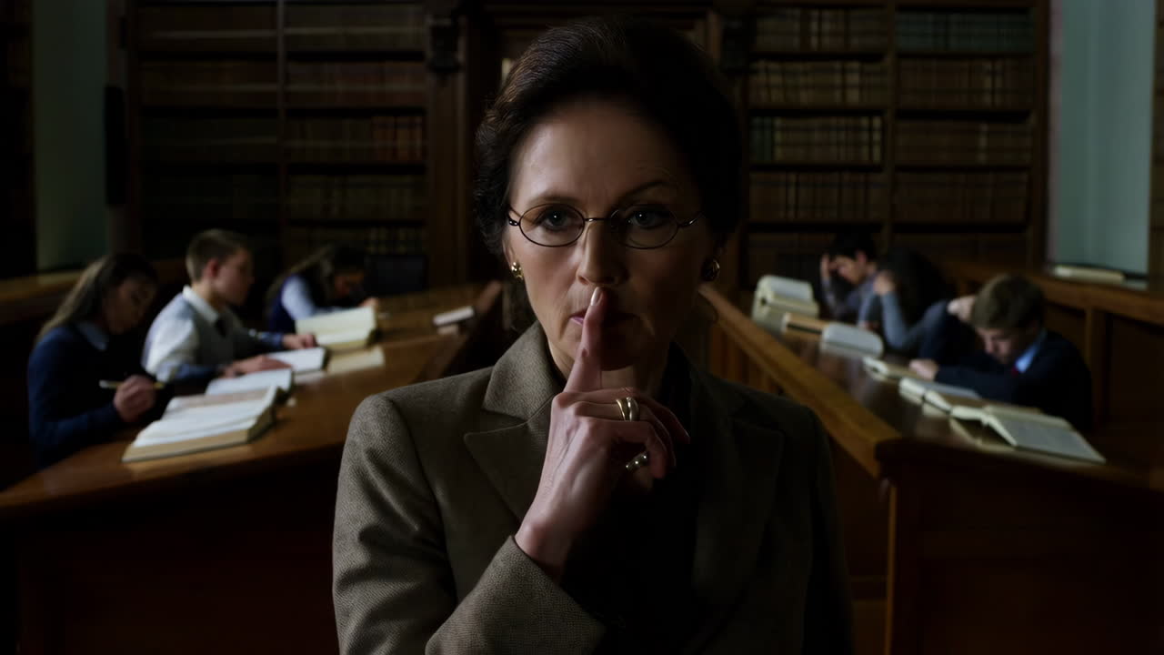 A woman gestures for silence in a library with students