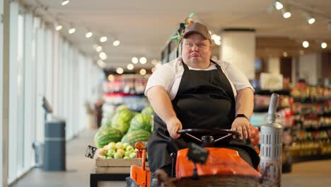 A-happy-overweight-supermarket-worker-in-a-white-T-shirt-and-a-black-apron-sits-on-a-special-cleaning-machine-in-a-cap-and-grimaces.-A-modern-cleaner-uses-a-machine-to-clean-the-floor-in-a-supermarket