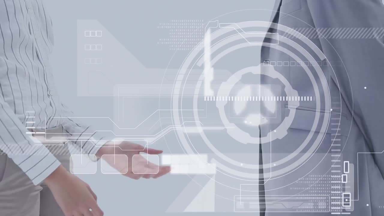 카우카스계 사업가들이 손을 흔들고 있는 금융 데이터 처리 애니메이션