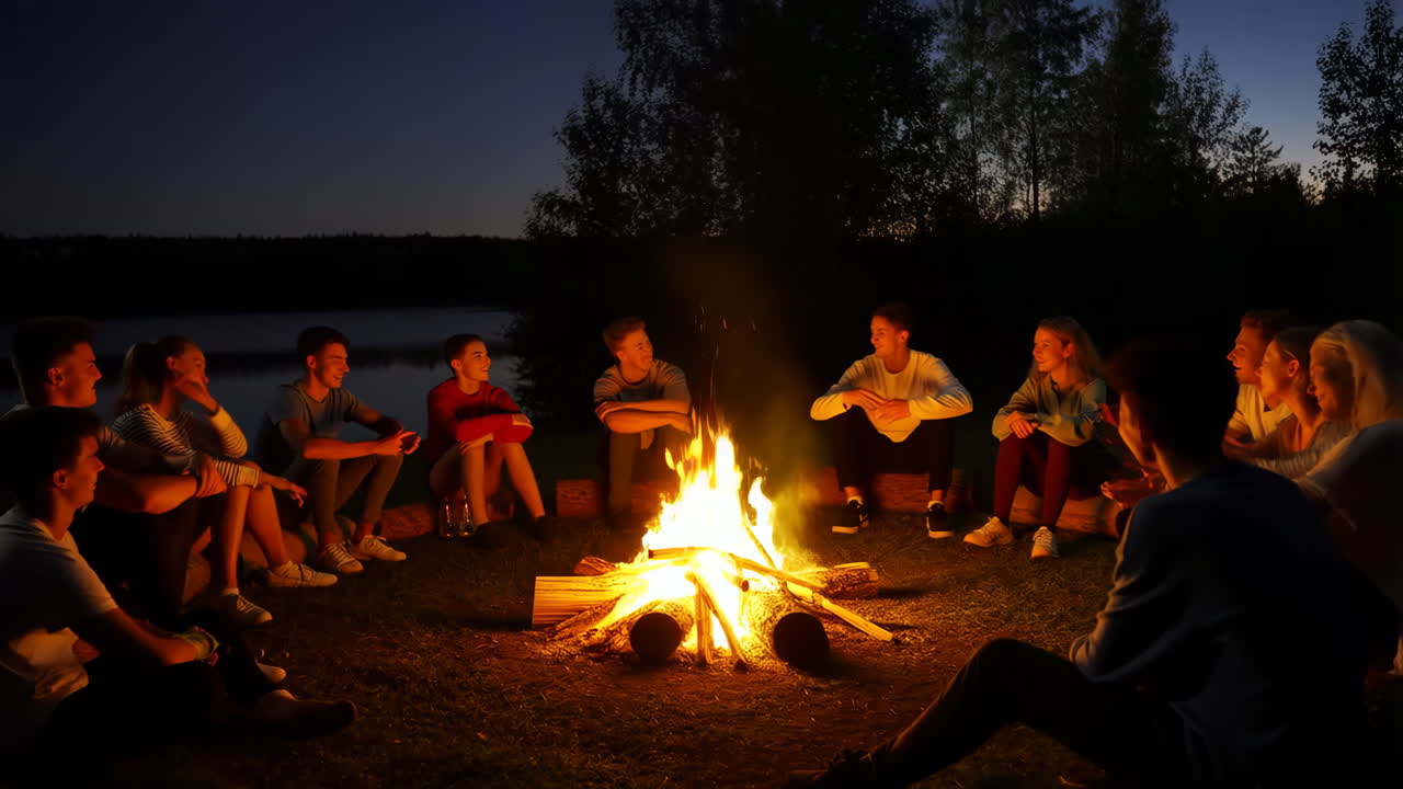 Friends Gathered Around a Bonfire at Night