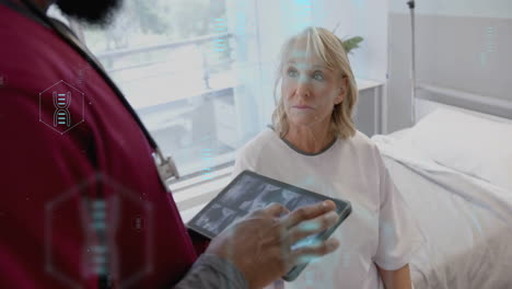 Animation-of-dna-scanner-icons-over-diverse-male-doctor-with-tablet-and-senior-female-patient