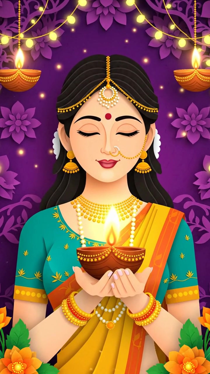 Indian woman holding diya oil lamp celebrating diwali