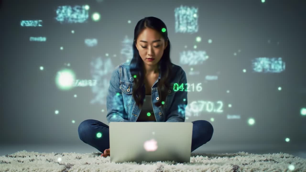 Focused Individual Engaged with Digital Technology, Surrounded by Abstract Data Visualizations, Illustrating the Intersection of Learning, Innovation, and Cybernetic Thought