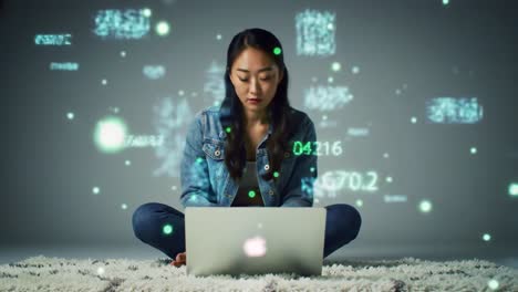 focused individual engaged with digital technology, surrounded by abstract data visualizations, illustrating the intersection of learning, innovation, and cybernetic thought