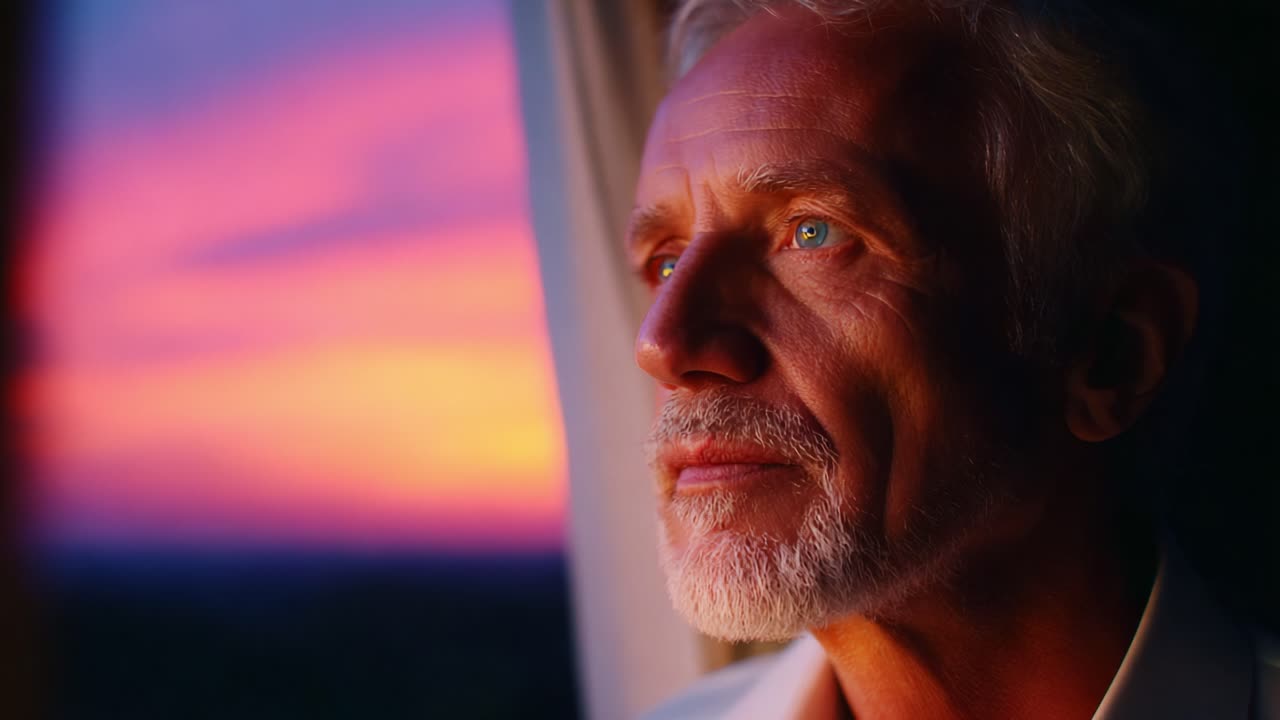 A reflective moment at sunset, showcasing an older man's serene face and contemplative expression as he gazes peacefully out of a window, submerged in the warm hues of the evening sky
