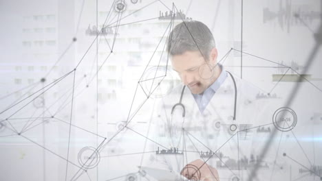 Using tablet with network animation, doctor processing data in hospital
