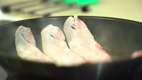 el tocino se fríe en una sartén y la grasa se está procesando