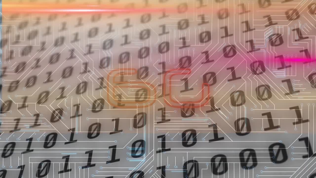 Animation of 6g text, binary coding, data processing over glowing computer circuit board