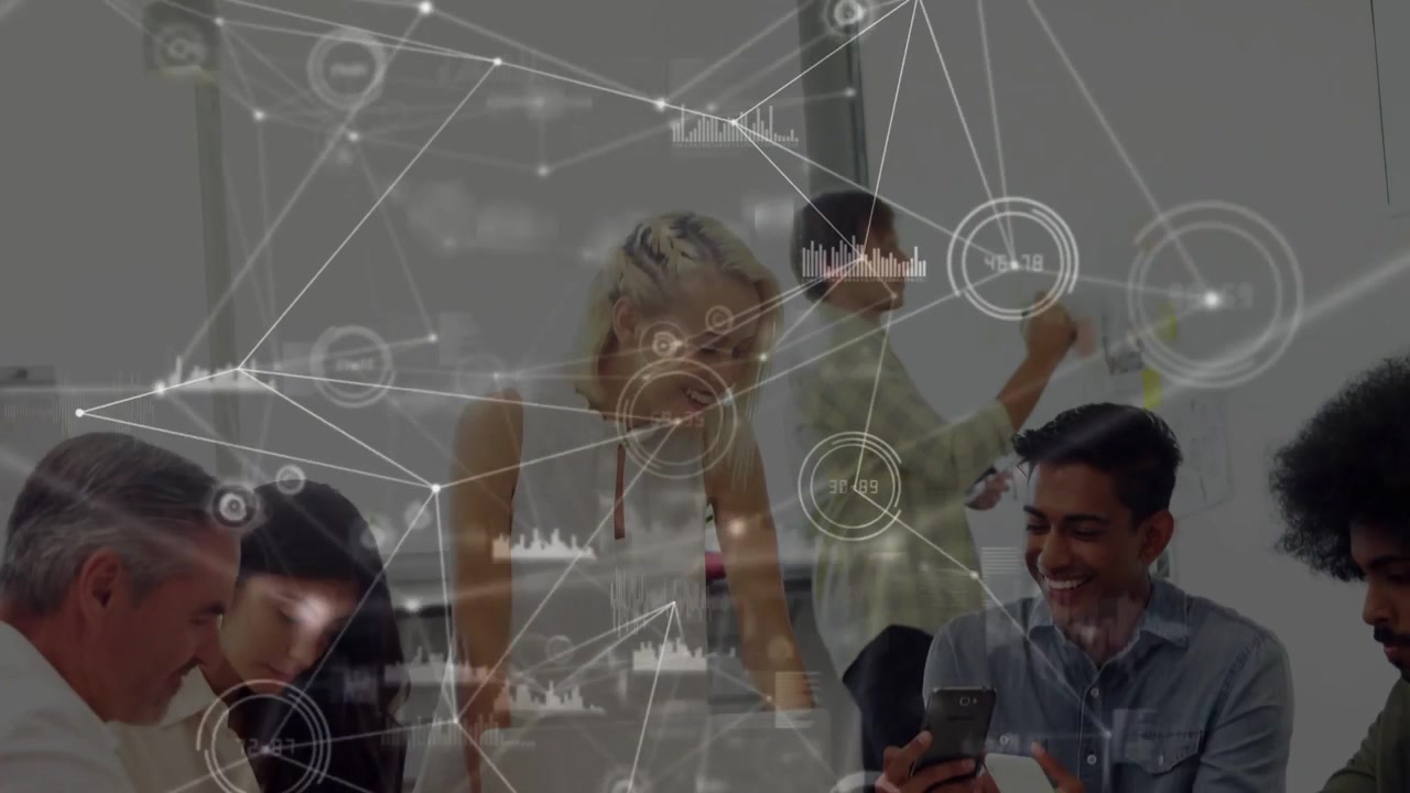 Network overlay sparking woman leaning, gesturing while team using board phones in business meeting