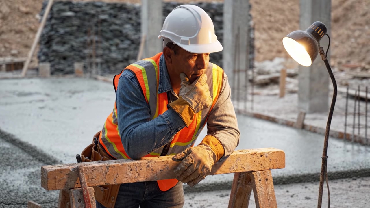 Focused Construction Worker in Safety Gear Contemplates as Concrete Cures at a Building Site, Under Work Lamp During Evening Hours