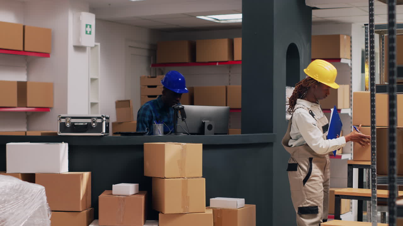 Warehouse workers checking inventory and managing boxes