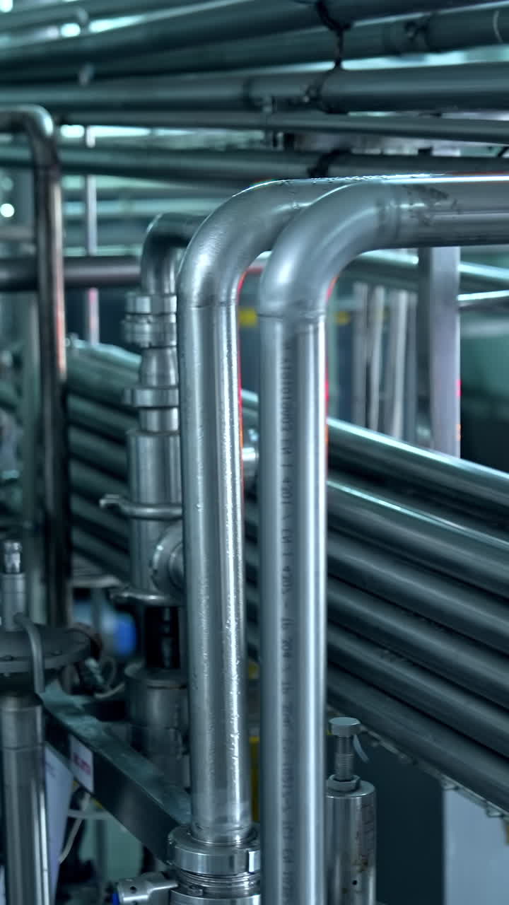 Industrial equipment with metal tubes on a dairy factory. Factory machinery with industrial pipes at a dairy food production plant. Manufacturing process.. Vertical video