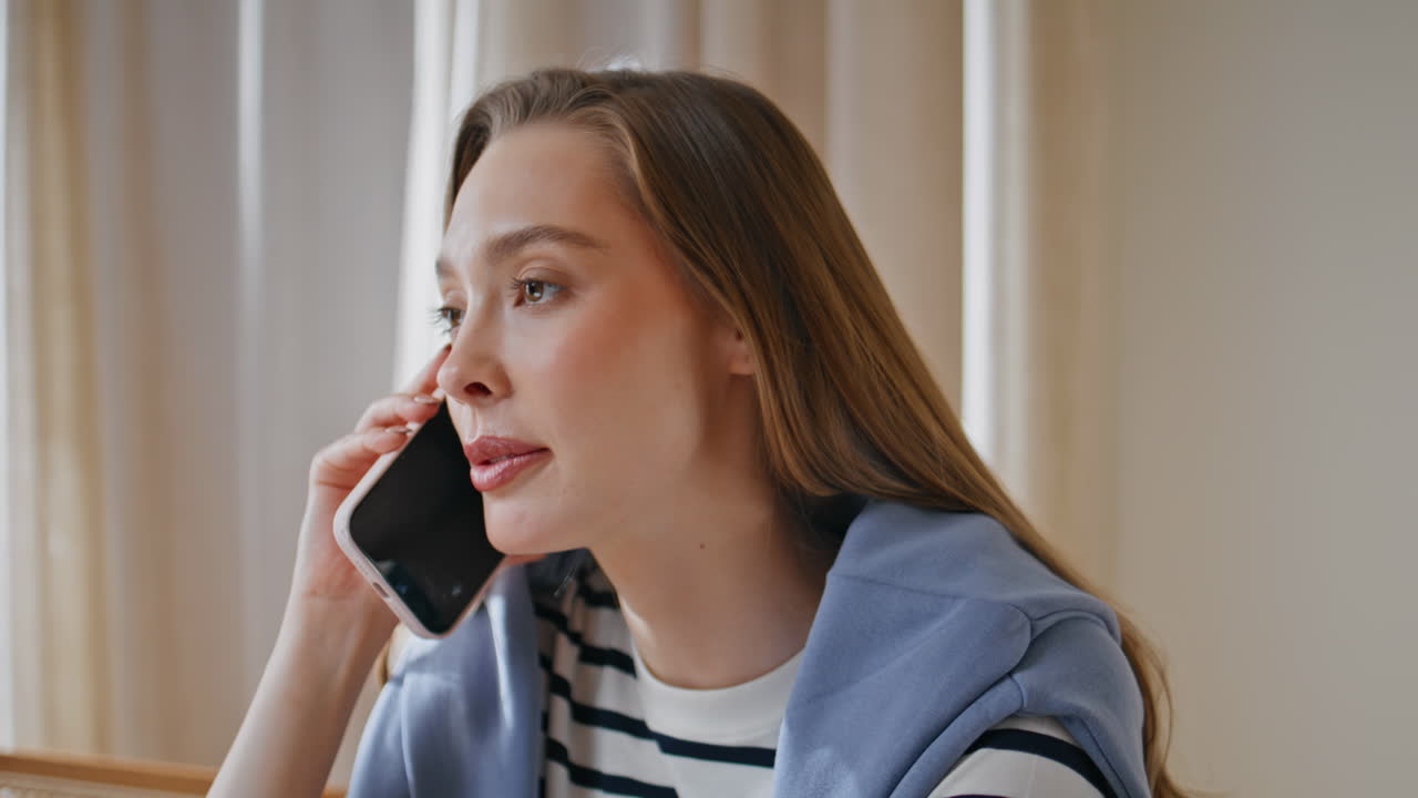 Woman manager communicating cell phone at workplace closeup. Freelancer talking