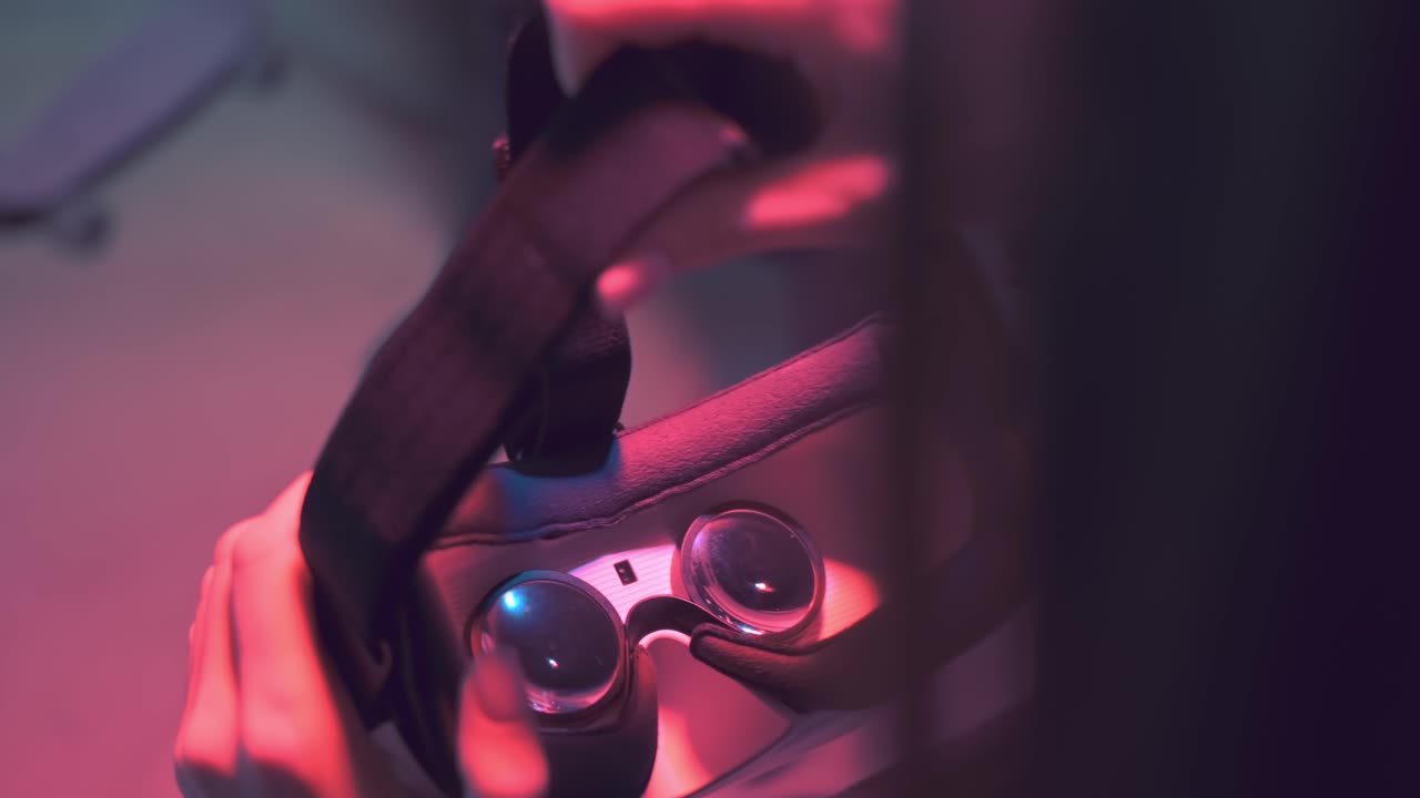 Young beautiful woman putting virtual reality head set on her eyes