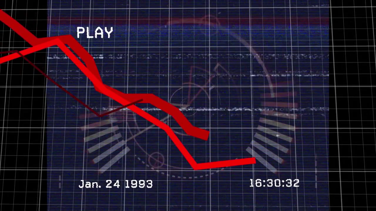 Animation of digital interface on screen over red lines and financial data processing