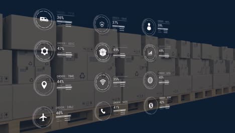 animation of icons with data processing over boxes on black background