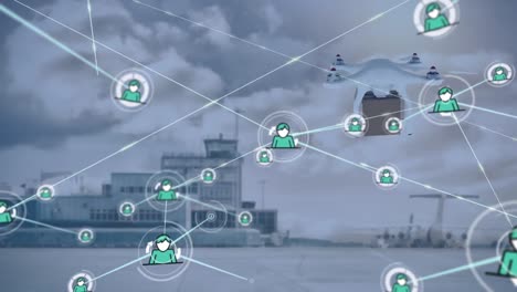 Animation-of-network-of-connections-with-icons-over-drone-carrying-parcel