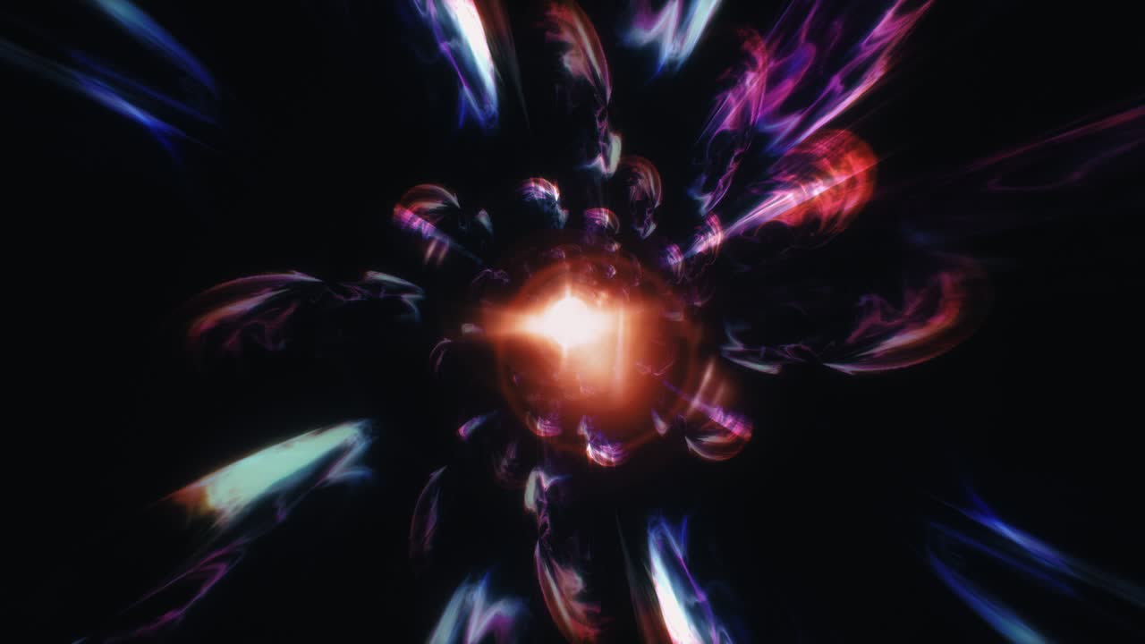 vj abstract loop center flare light con colorido efecto de luz de energía mágica túnel en la oscuridad. 4k 3d bucle sin costuras volar en el túnel de luces mágicas animación de fondo de movimiento. generado por computadora.