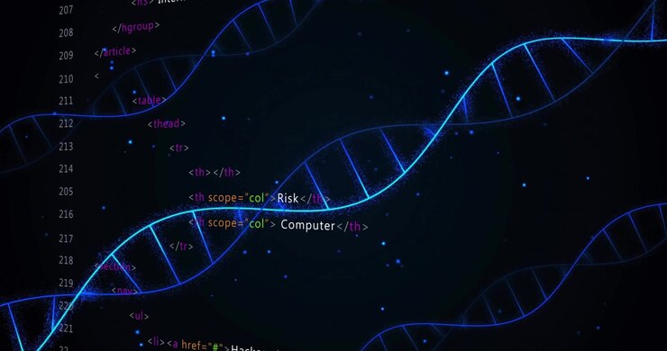 Animation of digital data processing over dna strand spinning