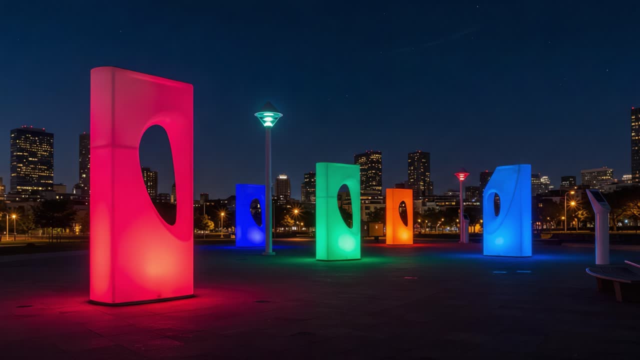 Illuminated Colorful Architectural Installations at Night Featuring Unique Shapes and Patterns Against a City Skyline, Creating a Vibrant Urban Atmosphere