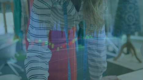 stock market graph animation over people working in modern office environment