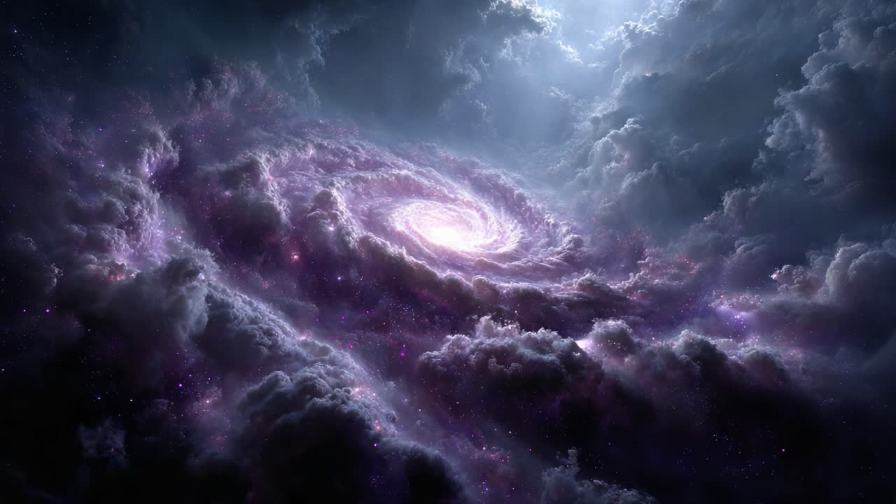 A mesmerizing cosmic swirl of colors and lights, illustrating the captivating beauty of a galaxy amidst swirling clouds and starlit brilliance in the vast universe