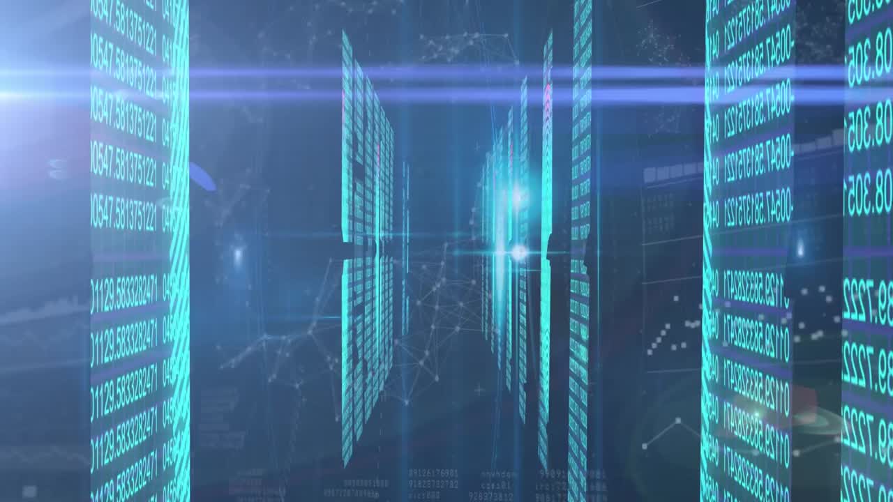 Animation of data processing and network of connections over black background