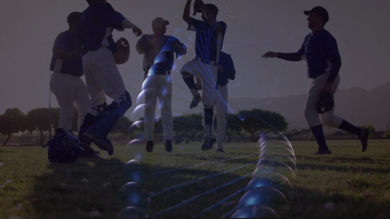 Baseball team jogging on field, converging and high-fiving, blue helix wrapping and casting light