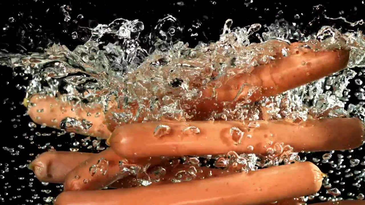 Pølser falder ned i vand i slow motion med plask