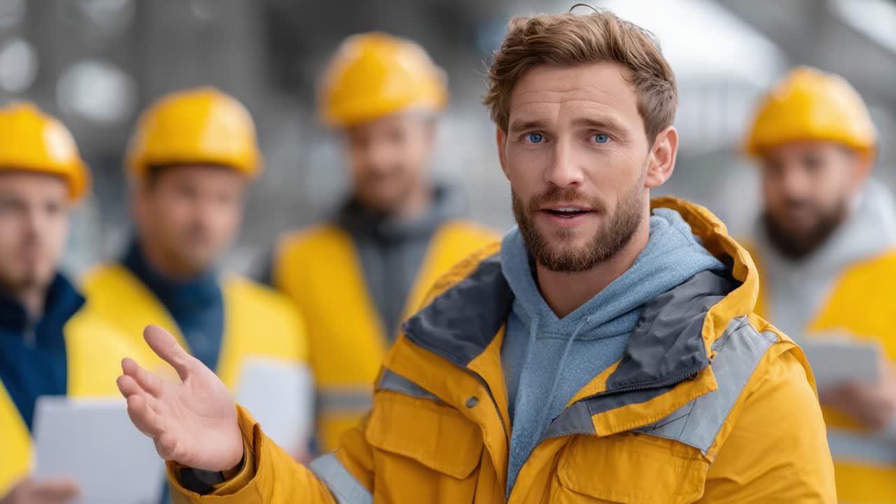 Engaged Construction Worker Briefing Team in Safety Procedures and Project Updates on a Busy Site with Yellow Hard Hats and Vibrant Jackets Enhancing Visibility