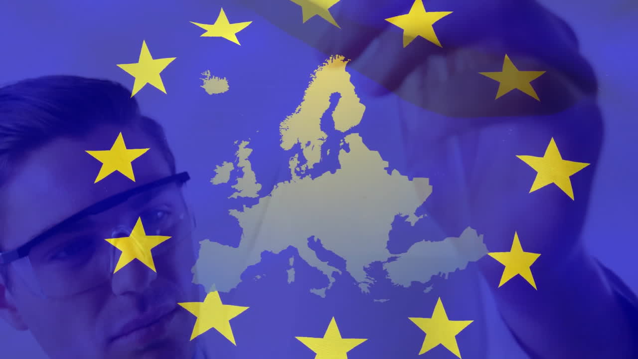 Analyzing data, scientist with European Union flag and map in background
