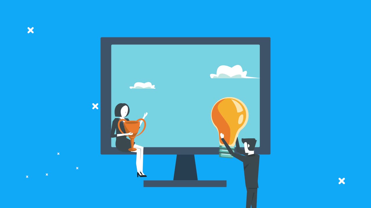 elegant business couple with bulb and trophy in desktop