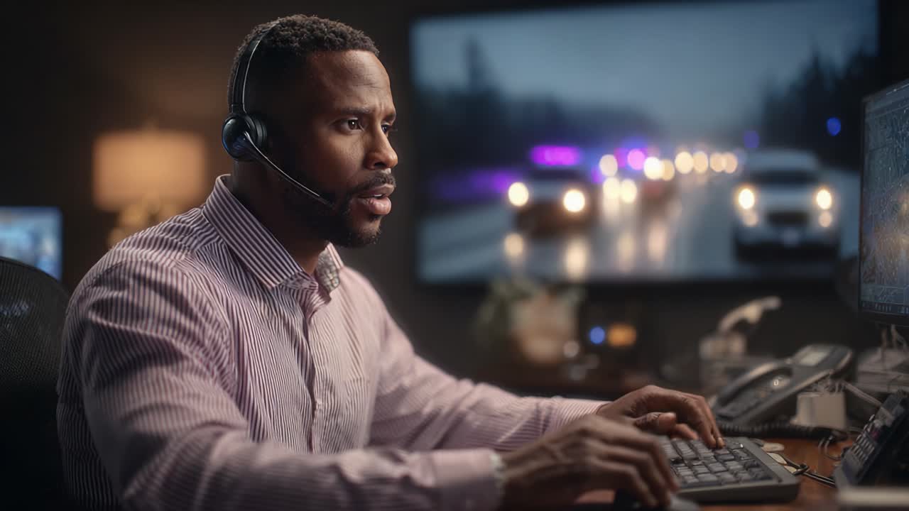 A focused professional navigates an emergency response operation, providing critical assistance while monitoring visuals of an unfolding situation with police activity in the background