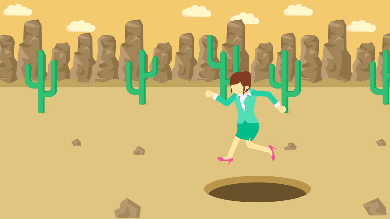 mujer de negocios saltar por encima del agujero. fondo del desierto. concepto de riesgo. ilustración de bucle en estilo plano.