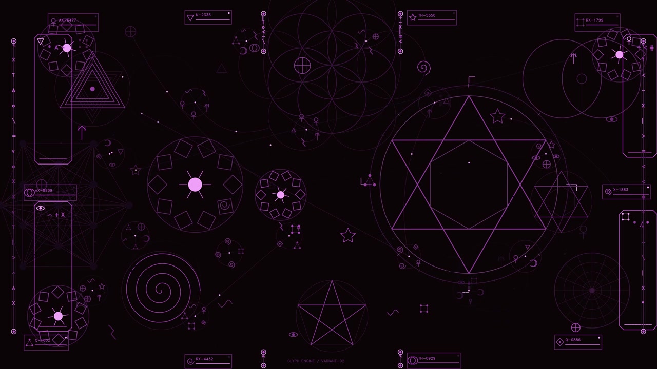 Una visualizzazione scura e suggestiva con intricati motivi geometrici al neon viola e simboli mistici. L'interfaccia include esagrammi, pentagrammi e icone di geometria sacra integrate con dettagli tecnici.