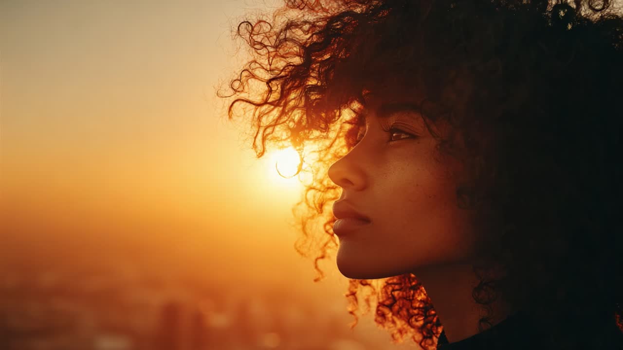 Fascinerende øyeblikk av ro: Et portrett av en kvinne mot en fantastisk solnedgang, som viser frem skjønnheten i naturlig krøllete hår og en aura av stillhet