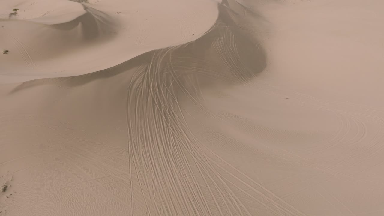부드러운 모래 언덕, 남부 캘리포니아 사막의 모래 언덕 위를 날아다니는 새의 공중 드론 샷