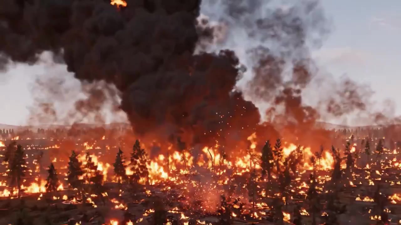 Devastante incendio boschivo: una scena catastrofica di distruzione da incendio con fiamme che inghiottono gli alberi e fumo nero denso che si diffonde attraverso il paesaggio.